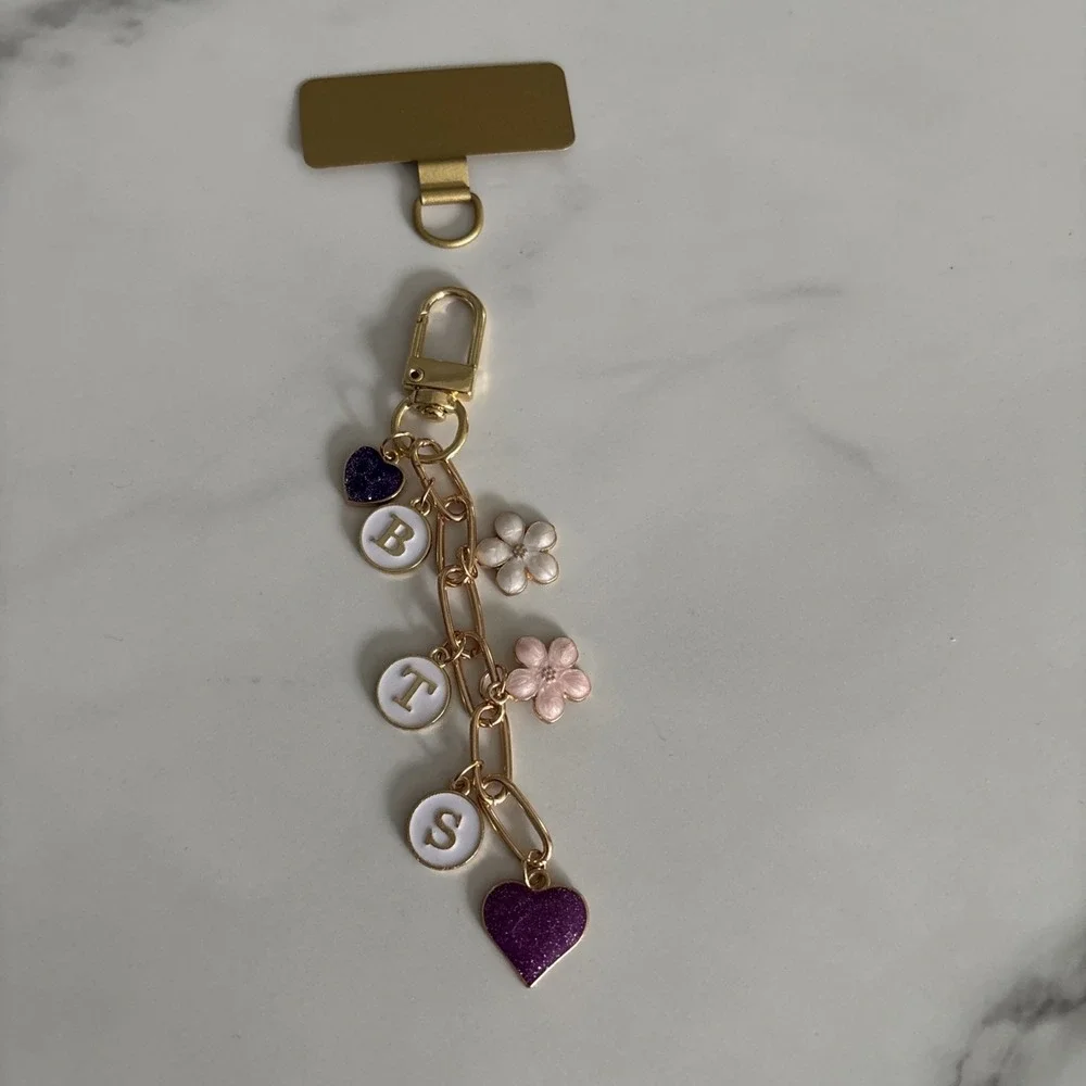 BTS Phone Charm Keychain / Purple Hearts & Flowers / Gold K-Pop Accessory / Army